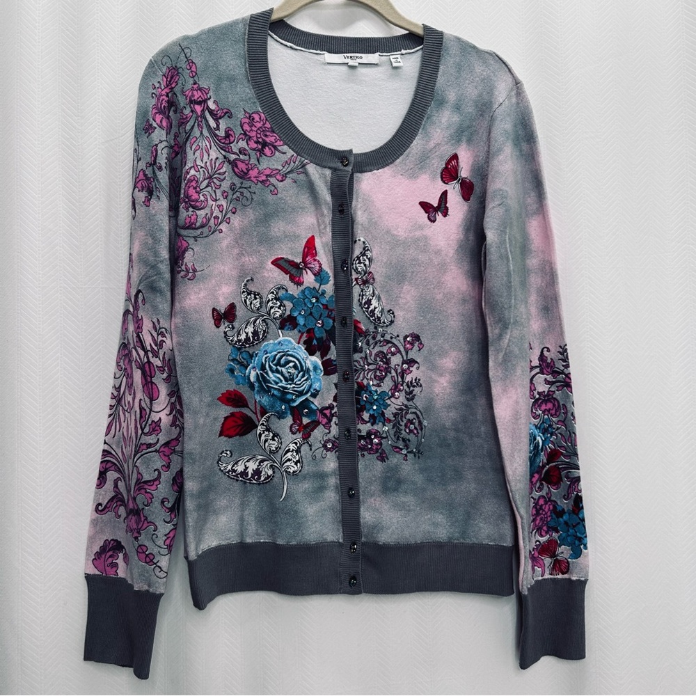 Veritgo Paris Pink And Gray Floral Button Up Cardigan Silk Blend